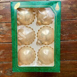 6 Vintage KREBS Christmas Glass Ball Ornaments Boxed Chablis Gold 2 1/2" USA